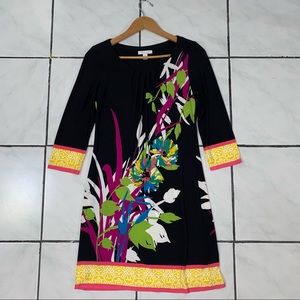 London Style; 3/4 Sleeve Flower Pattern Black, Yellow, Pink, Green Dress